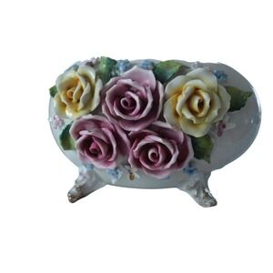 Vintage Porcelain Small Planter Pink Yellow Roses Visible Makers Mark